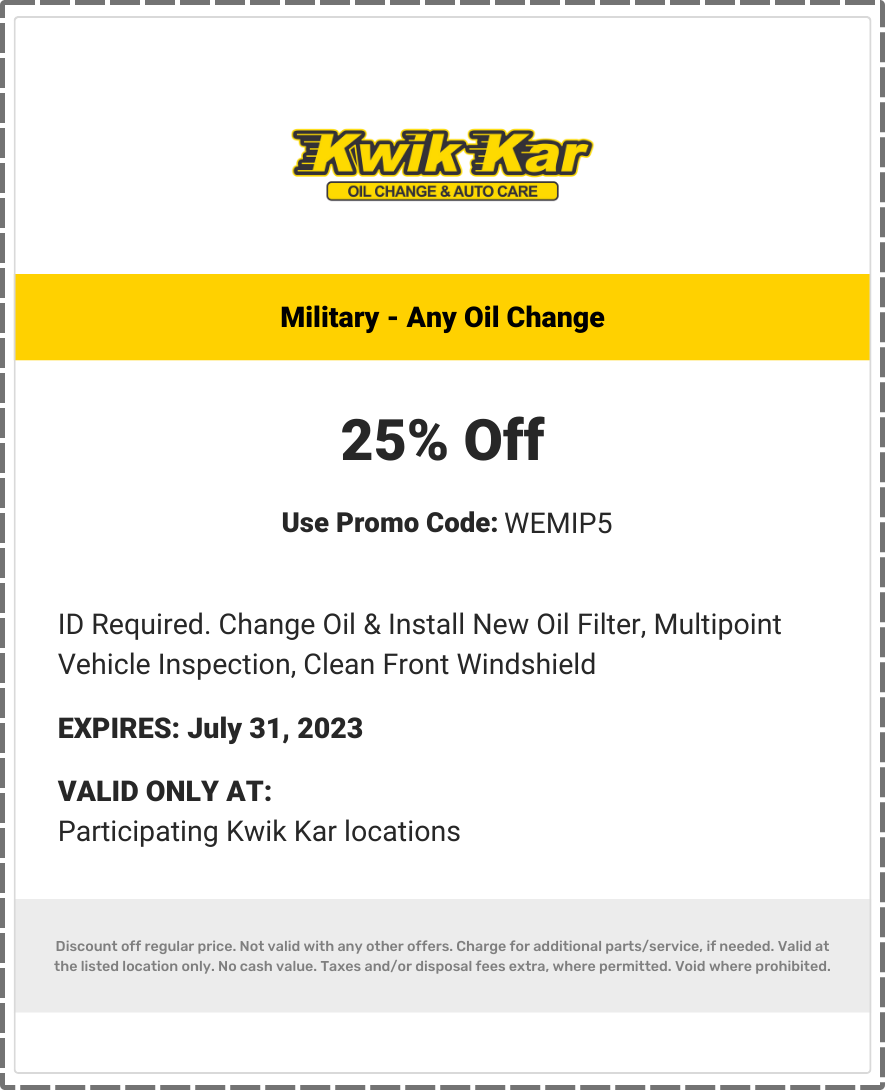 Kwik Kar Coupons 15 Off Any Oil Change Military 25 Off Any Oil