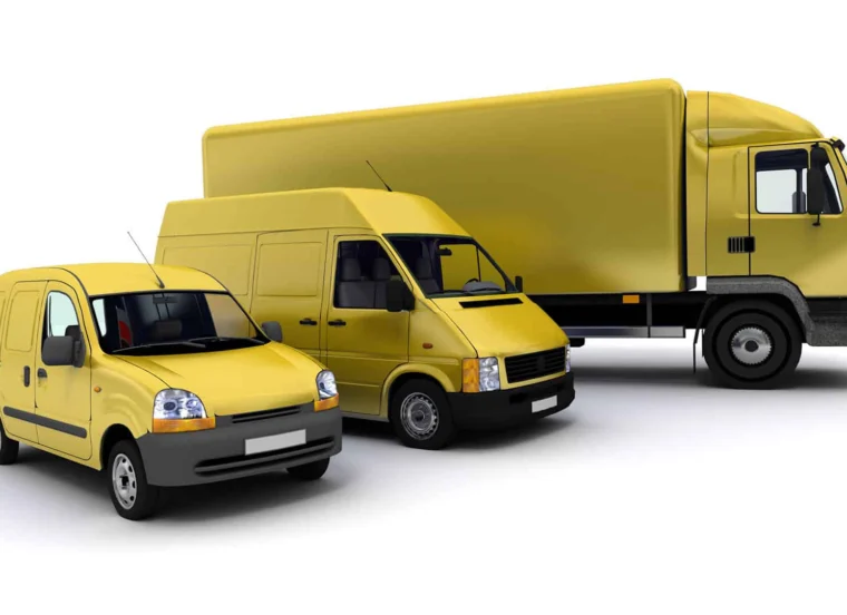 Three yellow delivery vehicles of different sizes—a small van, a medium van, and a large truck—are parked side by side on a white background.