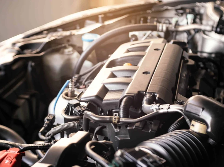 Close-up view of a car engine inside a vehicle’s engine bay, highlighting various components and wiring under natural light—a clear look at areas often inspected during Engine Services.