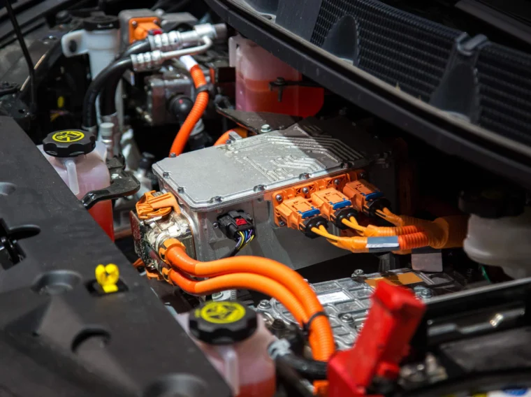 Close-up of an electric vehicle engine compartment highlighting a power control unit with orange high-voltage cables, reflecting the advanced technology involved in EV maintenance and EV services.