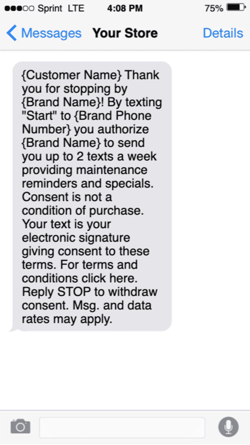Text message from a store outlining SMS Terms & Conditions for receiving maintenance reminders and specials via text, including consent details and opt-out instructions.