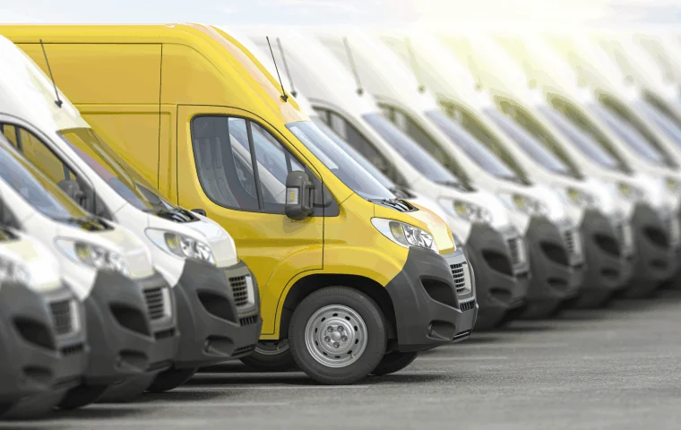 A yellow van is parked among rows of identical white vans in a parking lot.