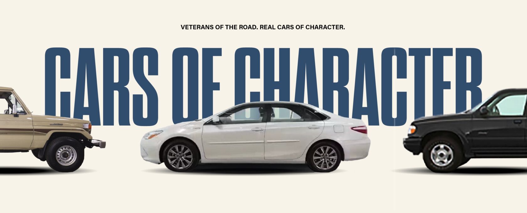 Three vehicles—a tan SUV, a white sedan, and a black SUV—are showcased side by side, embodying true Cars of Character, with the bold text "CARS OF CHARACTER" displayed prominently behind them.