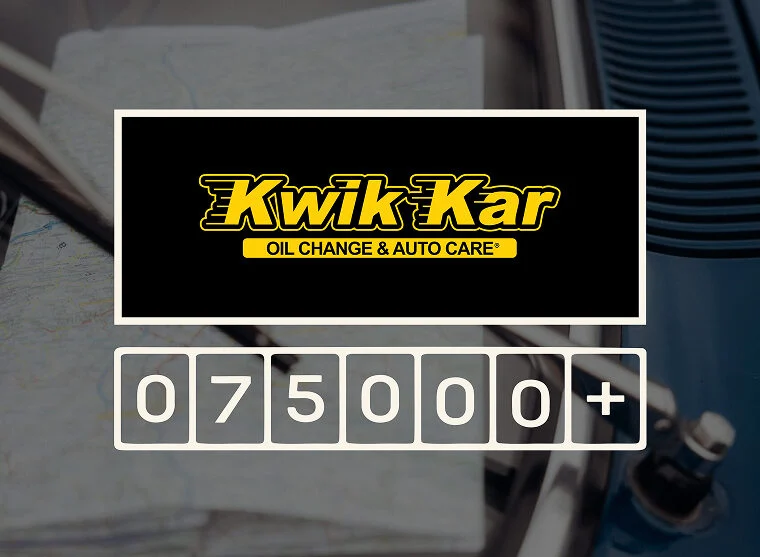 Kwik Kar Oil Change & Auto Care logo above a mechanical odometer displaying 075000+, with a car hood, map, and a nod to Cars of Character in the background.