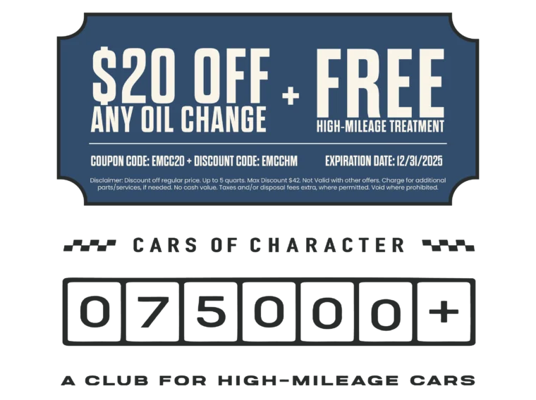 A Cars of Character coupon offers $20 off any oil change plus free high-mileage treatment; code details and expiration date appear above a graphic odometer reading 75,000 for high-mileage cars.