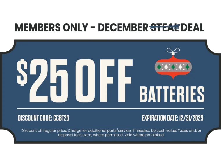Coupon offering $25 off batteries for members only, with discount code CGBT25 and expiration date of 12/31/2025.