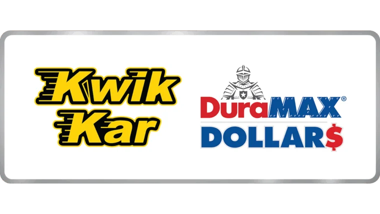 Kwik Kar logo in yellow and black on the left; Duramax Dollars logo with a knight and blue, red, and black text on the right, both set against a white background. Features Duramax branding alongside Duramax Dollars rewards.