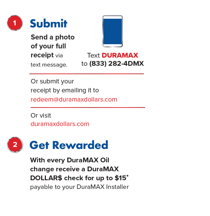 Step 1: Submit a photo of your receipt by text or email. Step 2: Get rewarded with a DuraMAX check after an oil change.