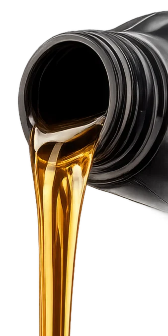 Golden motor oil is being poured from a black plastic container against a plain white background.